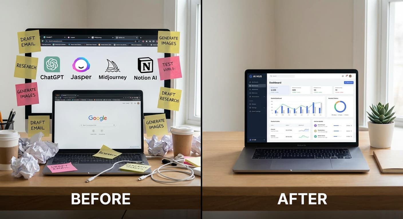 Before: cluttered desk with 6 browser tabs open. After: clean desk with one unified AI dashboard.
